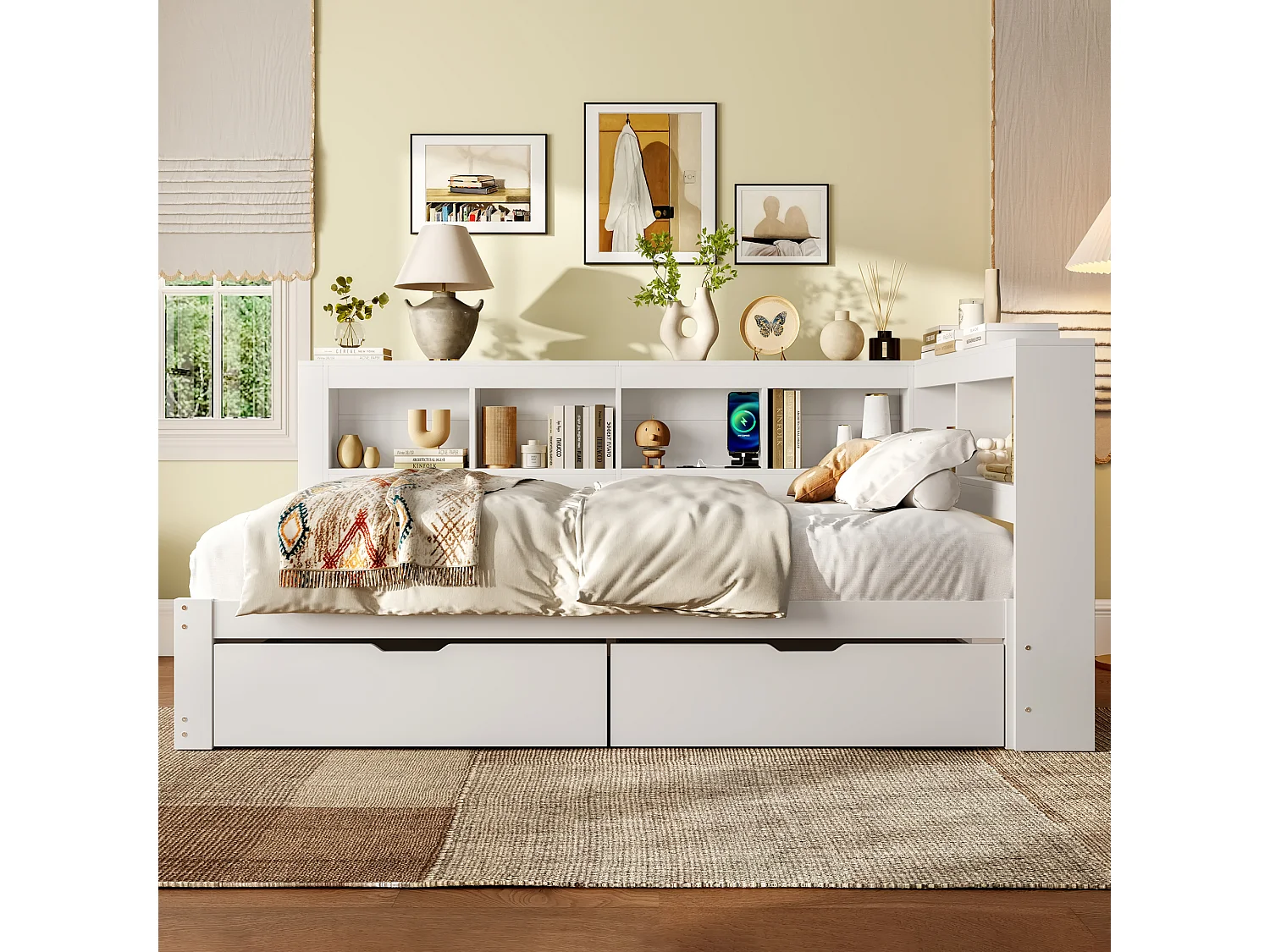 Daybed 140x200 cm, slaapbank met twee lades, stopcontact en 2 USB-poorten, grenen, wit (219x167x90 cm)