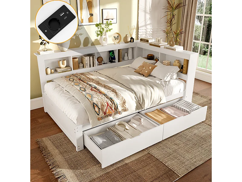 Daybed 140x200 cm, slaapbank met twee lades, stopcontact en 2 USB-poorten, grenen, wit (219x167x90 cm)