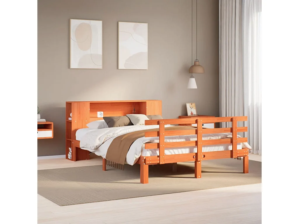 Cama biblioteca sin colchón marrón cera 140x190 cm pino macizo