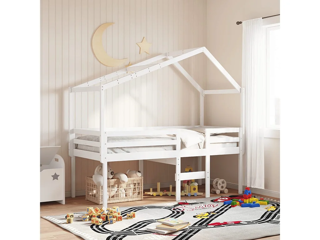 Cama alta sin colchón blanca 90x200 cm madera maciza de pino