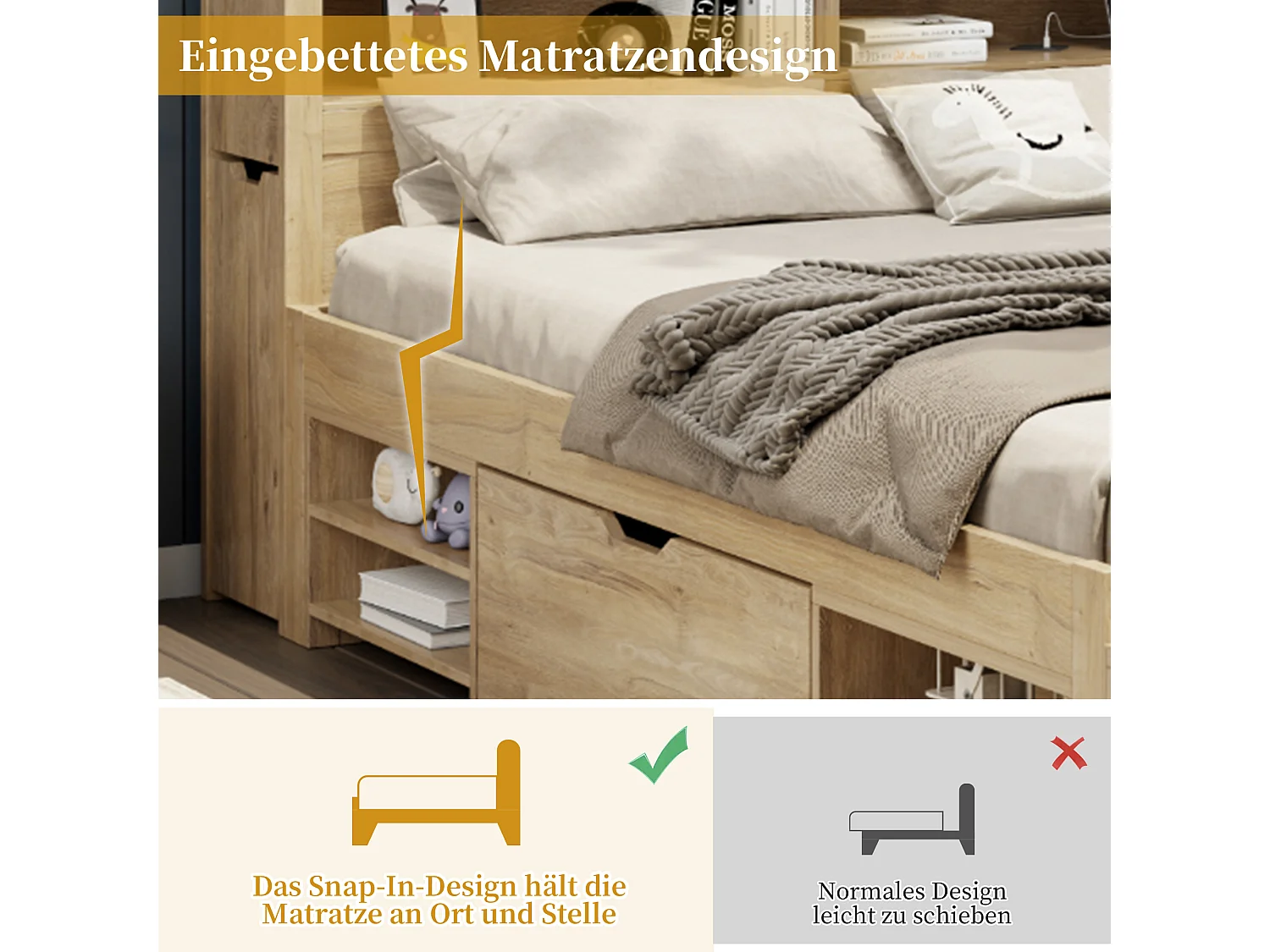 Multifunctioneel kinderbed met opbergruimte, massief hout, 90x200 cm, met lades, planken en draadloze oplader, naturel