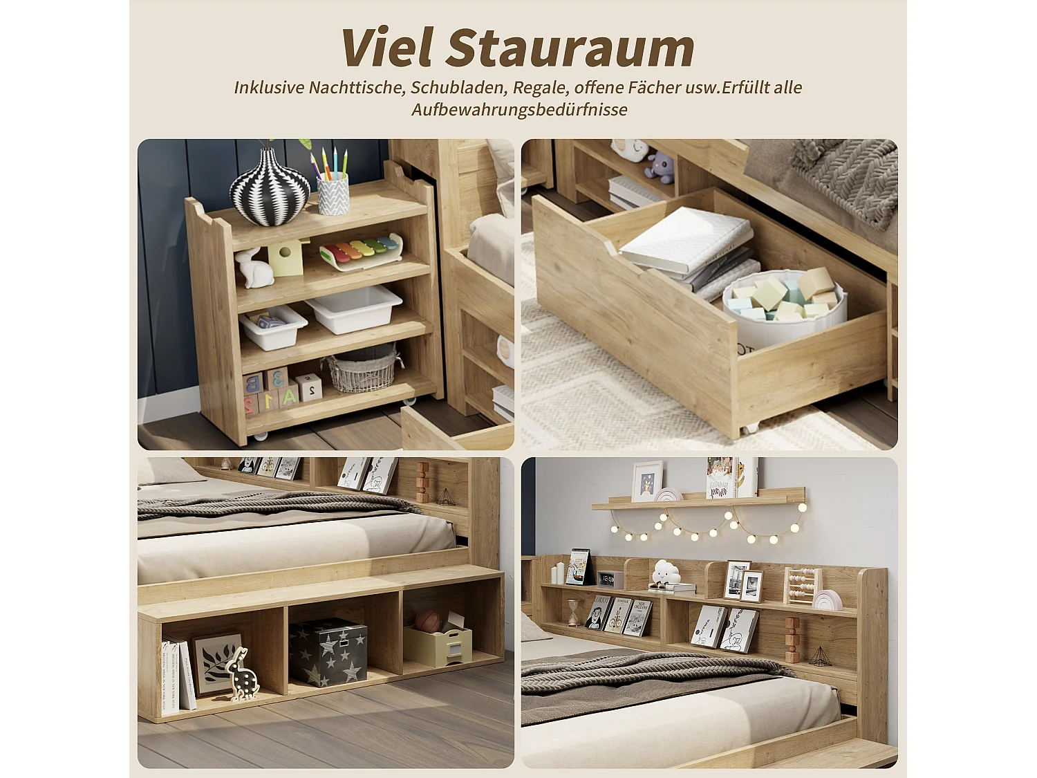 Multifunctioneel kinderbed met opbergruimte, massief hout, 90x200 cm, met lades, planken en draadloze oplader, naturel