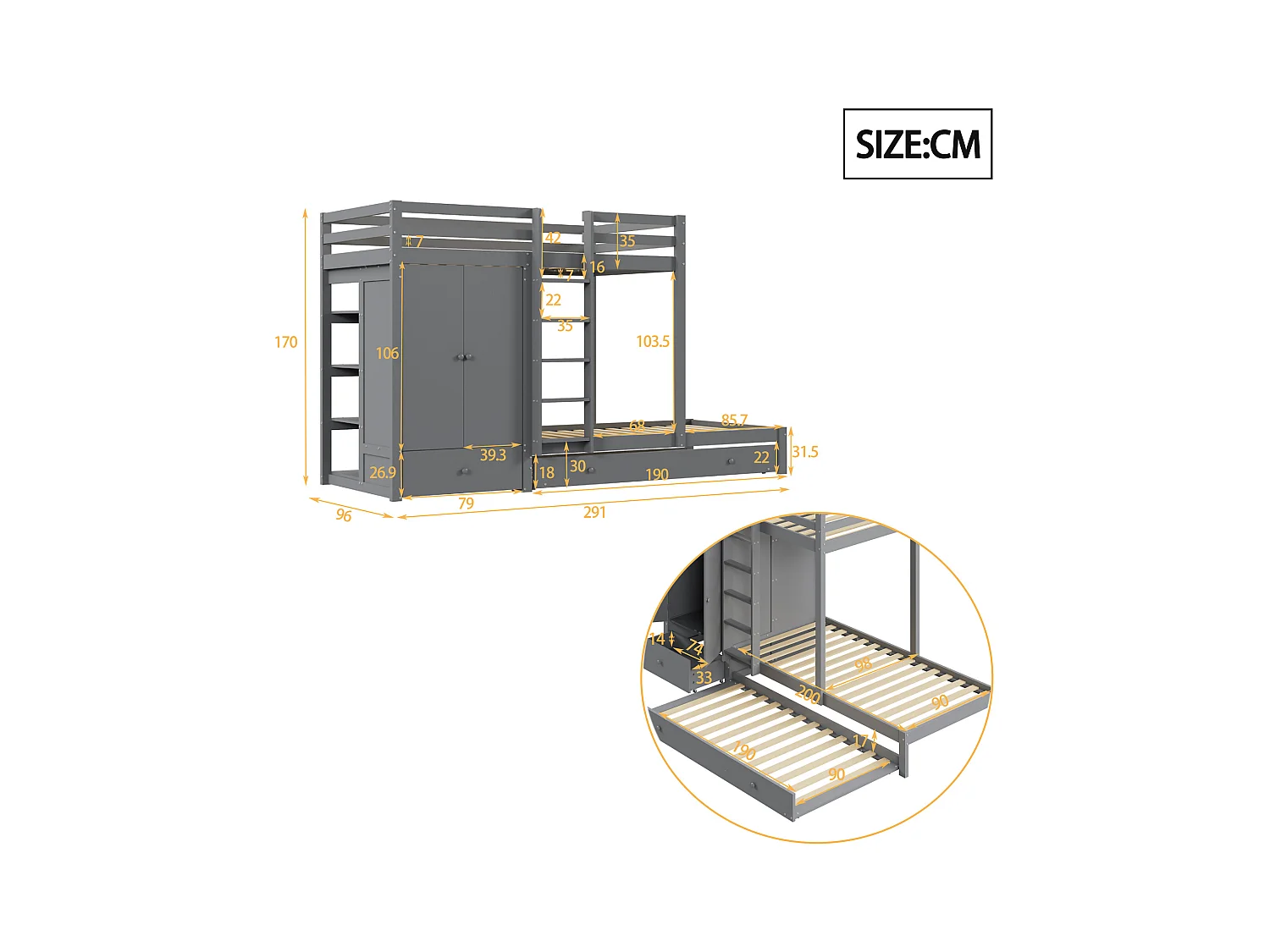 Stapelbed van massief hout 90x200 cm met opklapbed, kledingkast, lades en plank, grijs (291x96x170 cm)