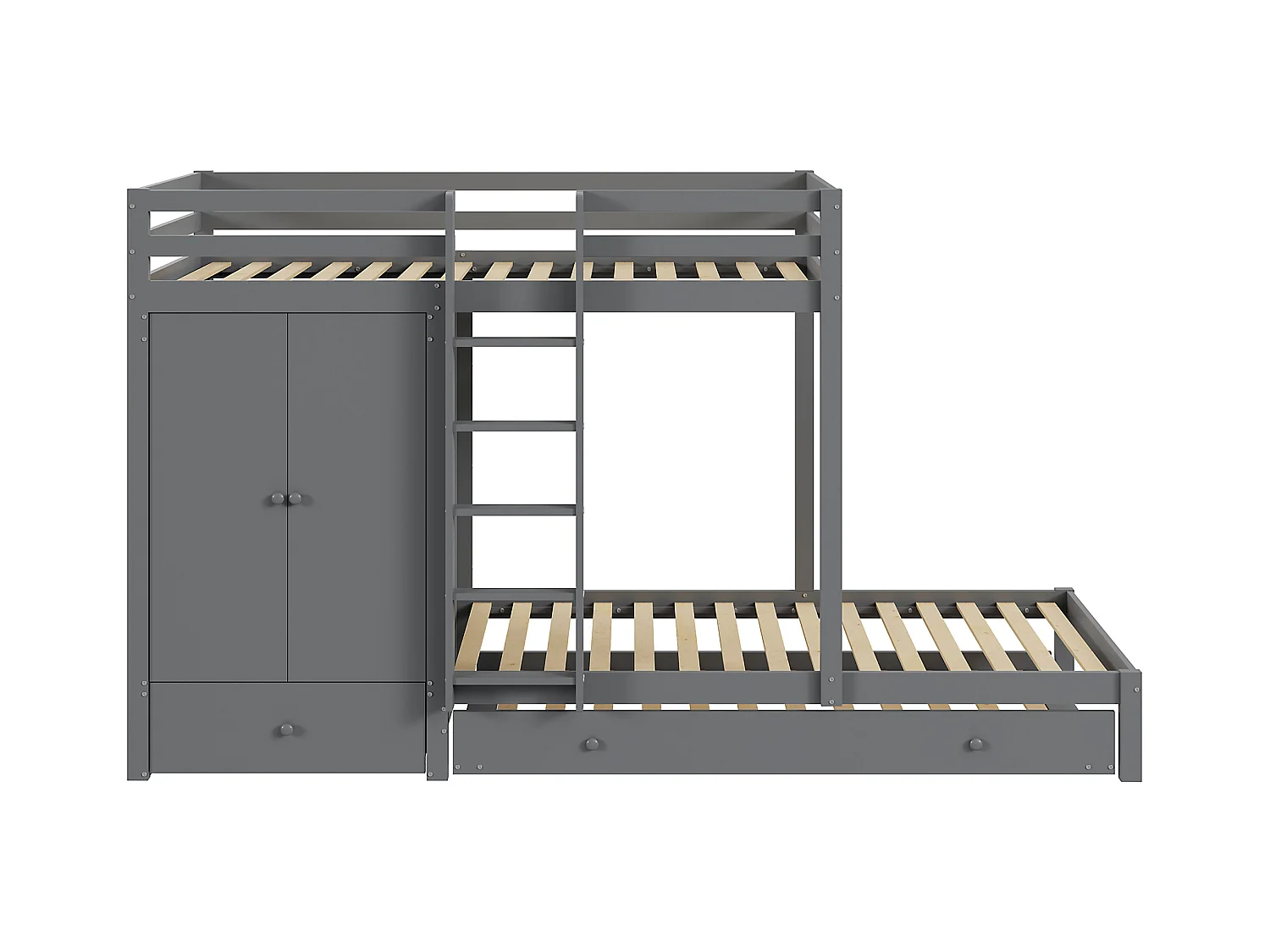 Stapelbed van massief hout 90x200 cm met opklapbed, kledingkast, lades en plank, grijs (291x96x170 cm)