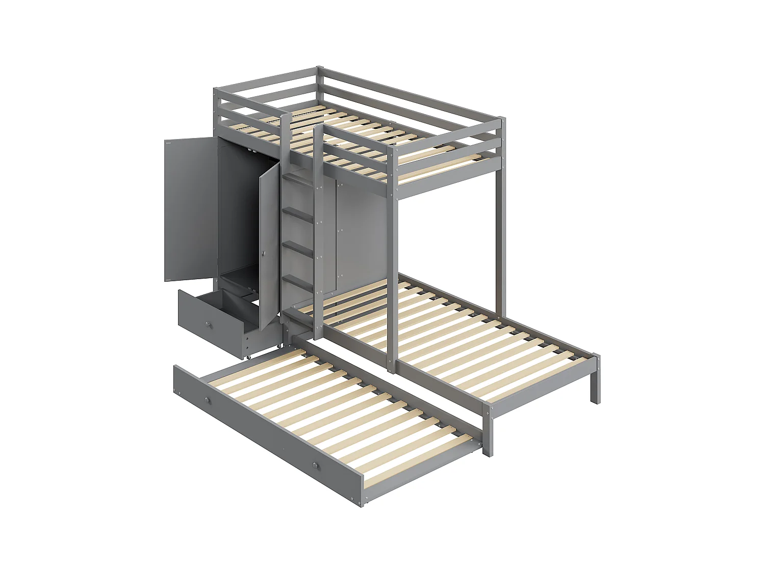 Stapelbed van massief hout 90x200 cm met opklapbed, kledingkast, lades en plank, grijs (291x96x170 cm)