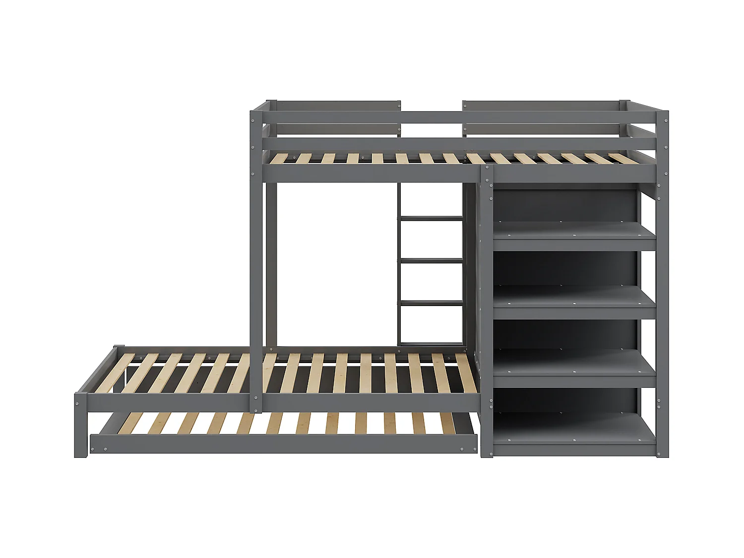 Stapelbed van massief hout 90x200 cm met opklapbed, kledingkast, lades en plank, grijs (291x96x170 cm)