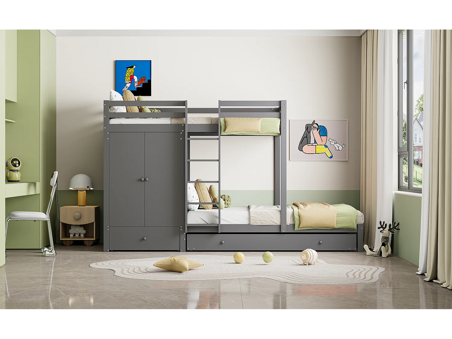 Letto a castello in legno massello 90x200 cm con letto a scomparsa, armadio, cassetti e ripiano, grigio (291x96x170 cm)