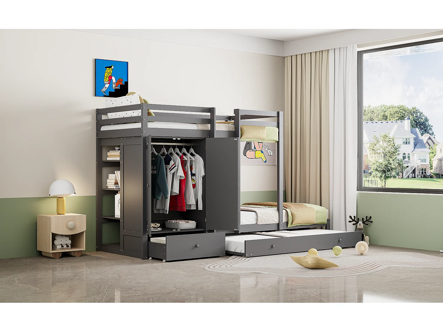 Letto a castello in legno massello 90x200 cm con letto a scomparsa, armadio, cassetti e ripiano, grigio (291x96x170 cm)