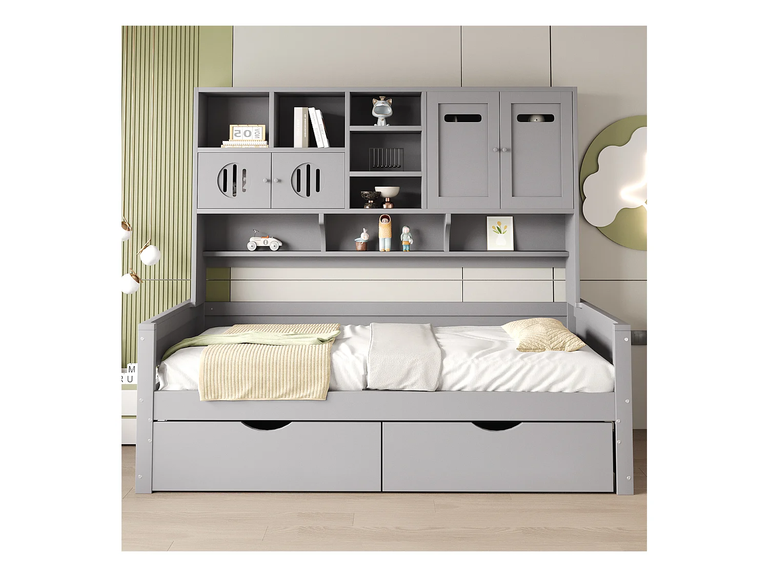 Houten slaapbank met multifunctionele opbergruimte, grote lade, eenpersoonsbed, grijs (205x94,5x165,8 cm)