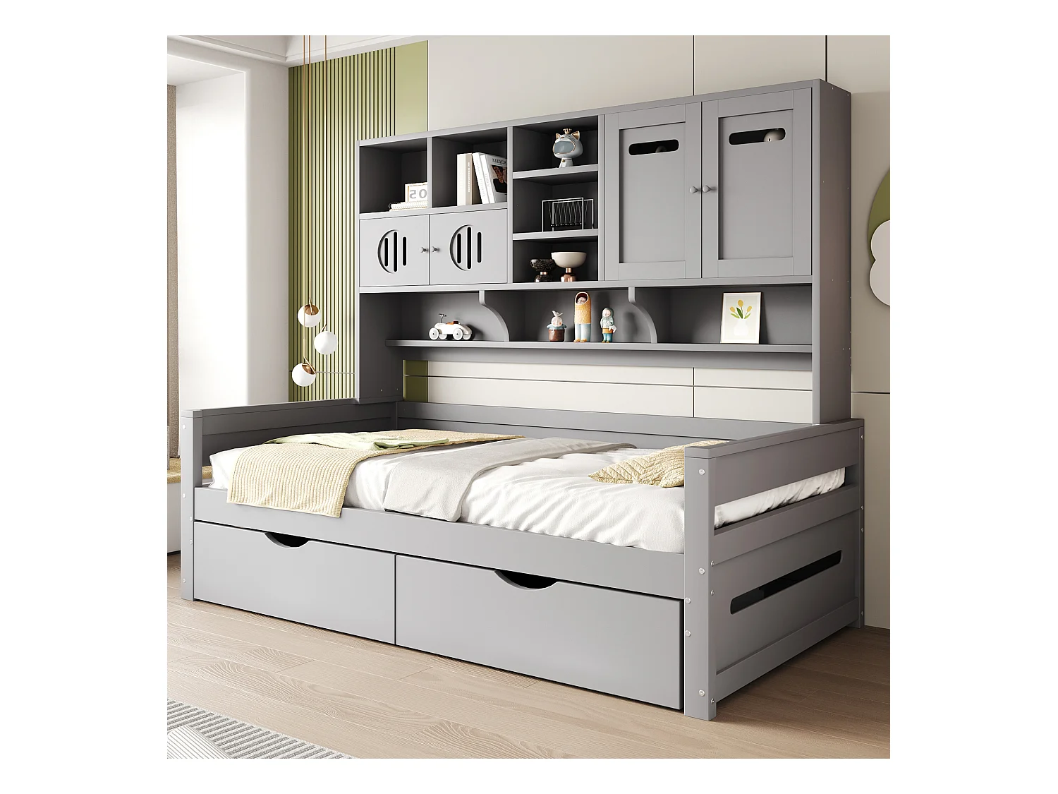 Houten slaapbank met multifunctionele opbergruimte, grote lade, eenpersoonsbed, grijs (205x94,5x165,8 cm)