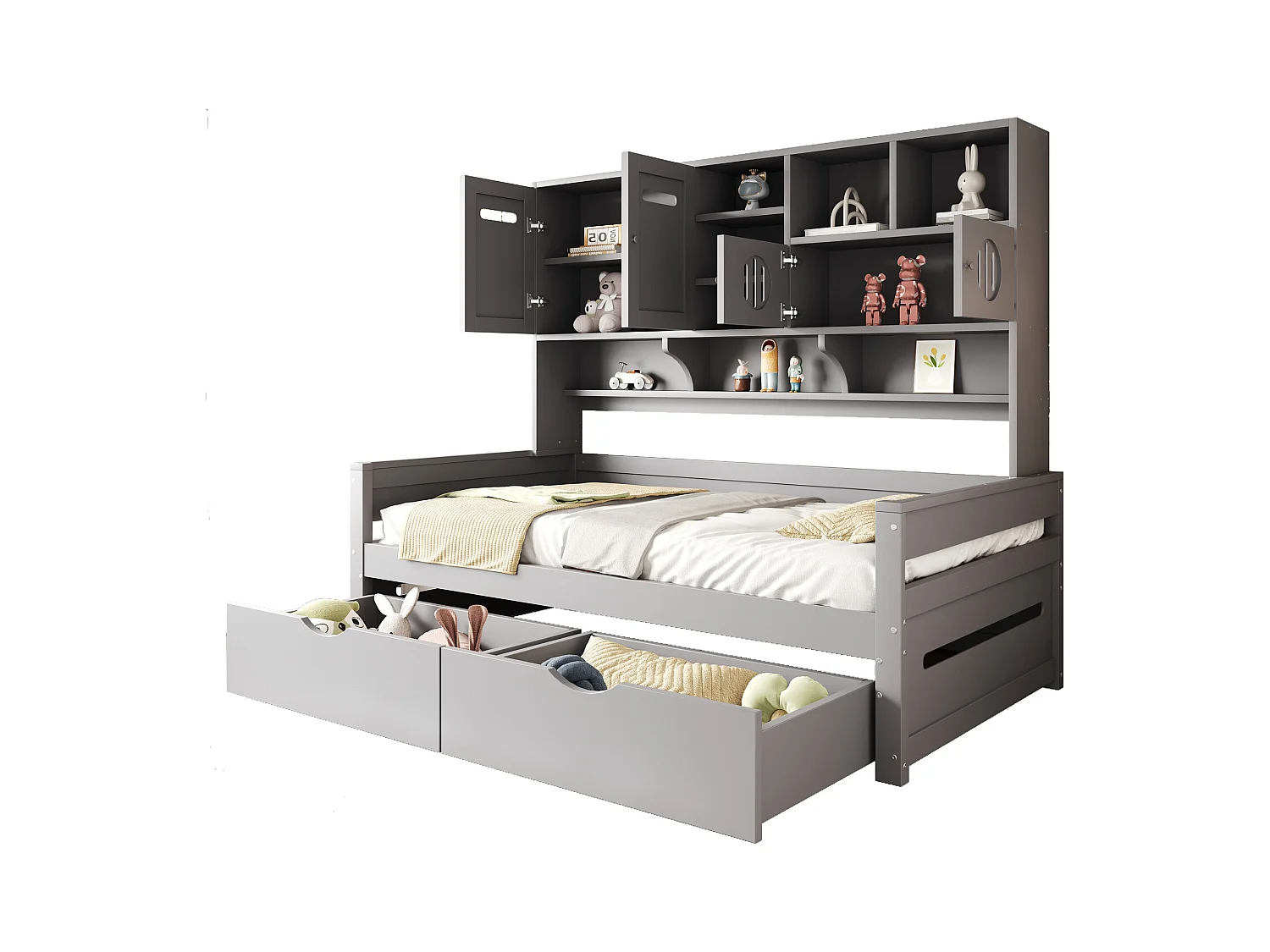 Houten slaapbank met multifunctionele opbergruimte, grote lade, eenpersoonsbed, grijs (205x94,5x165,8 cm)