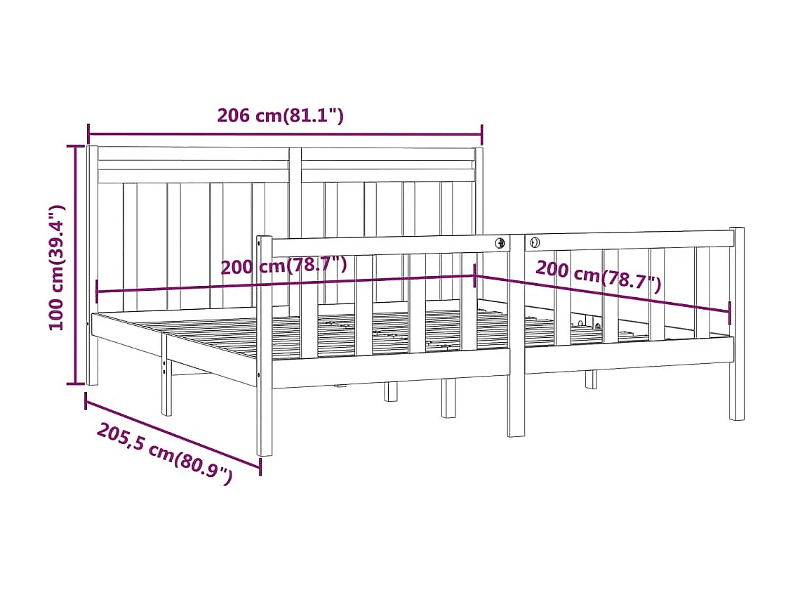 Cadre de lit sans matelas noir bois massif de pin 200x200 cm