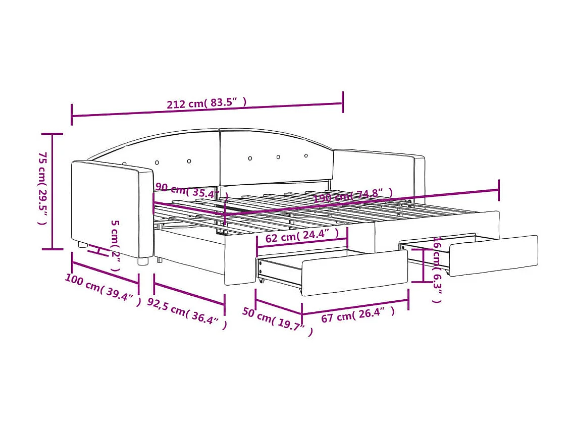 Dagbed met onderschuifbed en lades zonder matras 90x190 cm