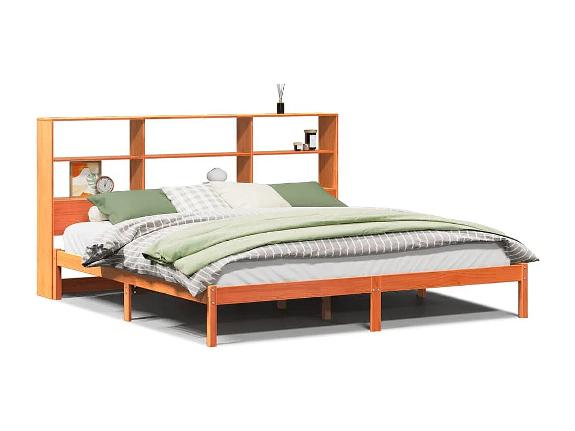 Letto libreria senza materasso, cera marrone, 200x200 cm, pino massiccio