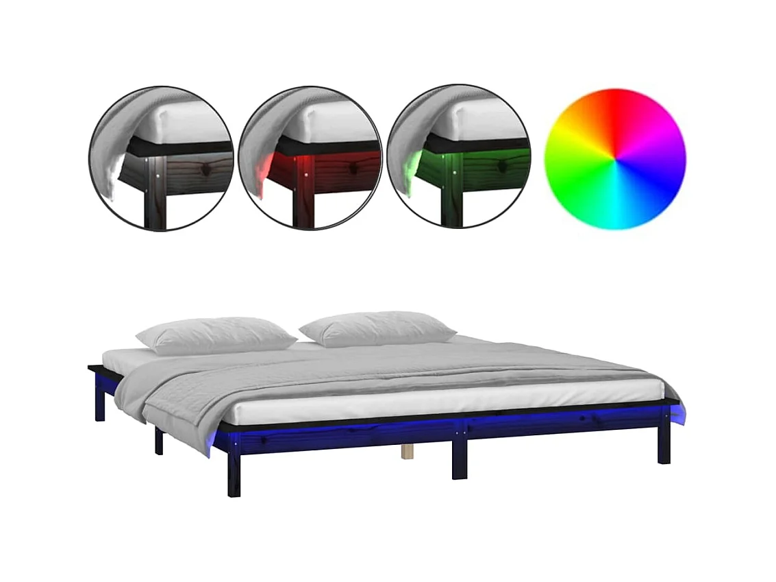 Cadre de lit à LED sans matelas noir 120x190 cm bois massif