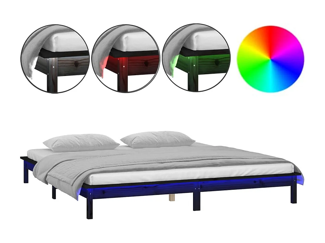 Cadre de lit à LED sans matelas noir 120x190 cm bois massif
