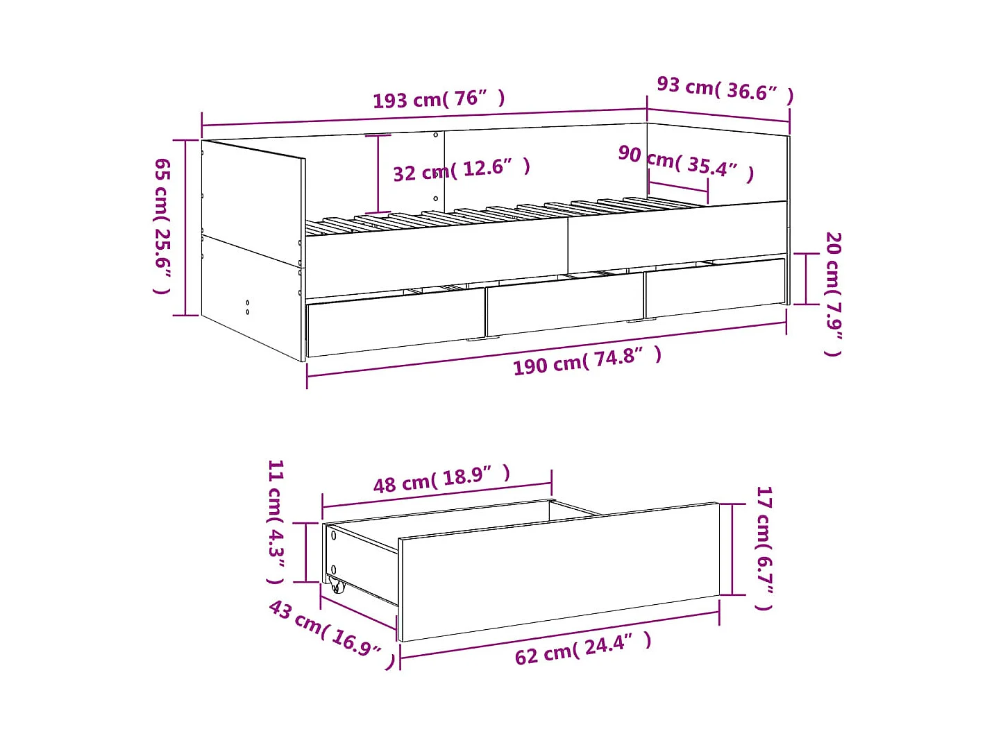 Dagbed met lades zonder matras gerookt eiken 90x190 cm