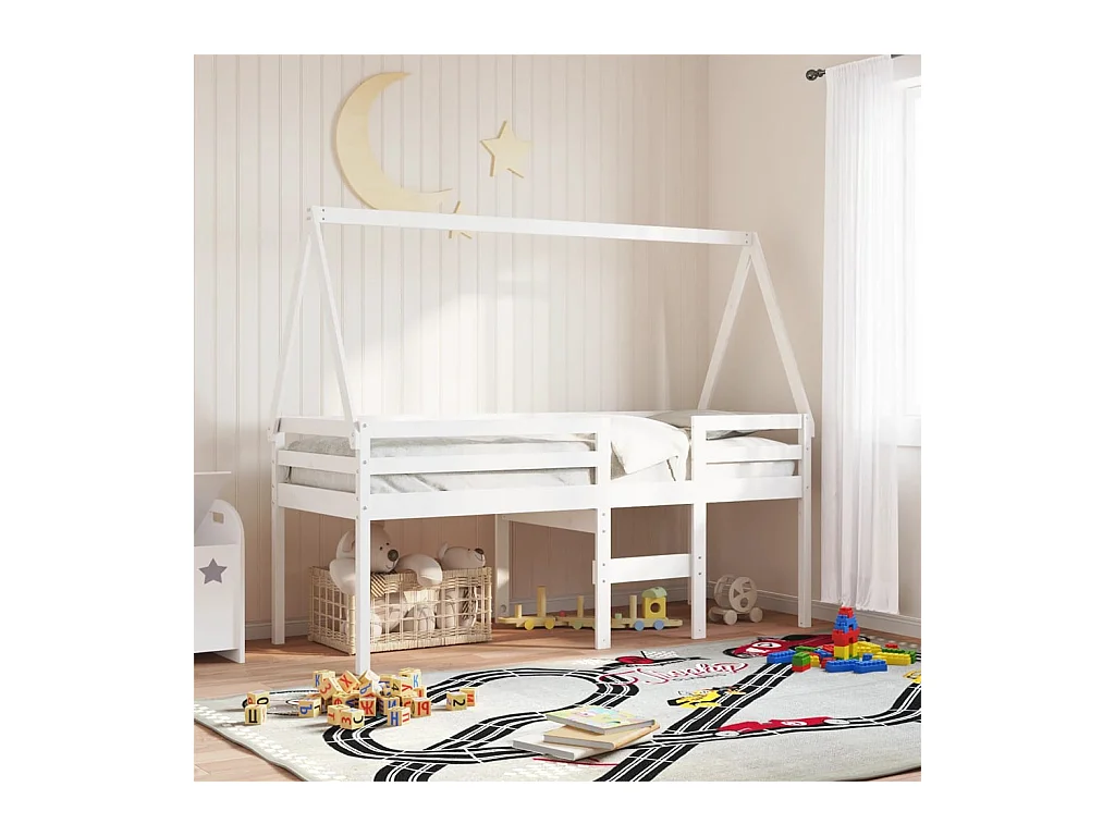 Cama alta sin colchón blanca 80x200 cm madera maciza de pino