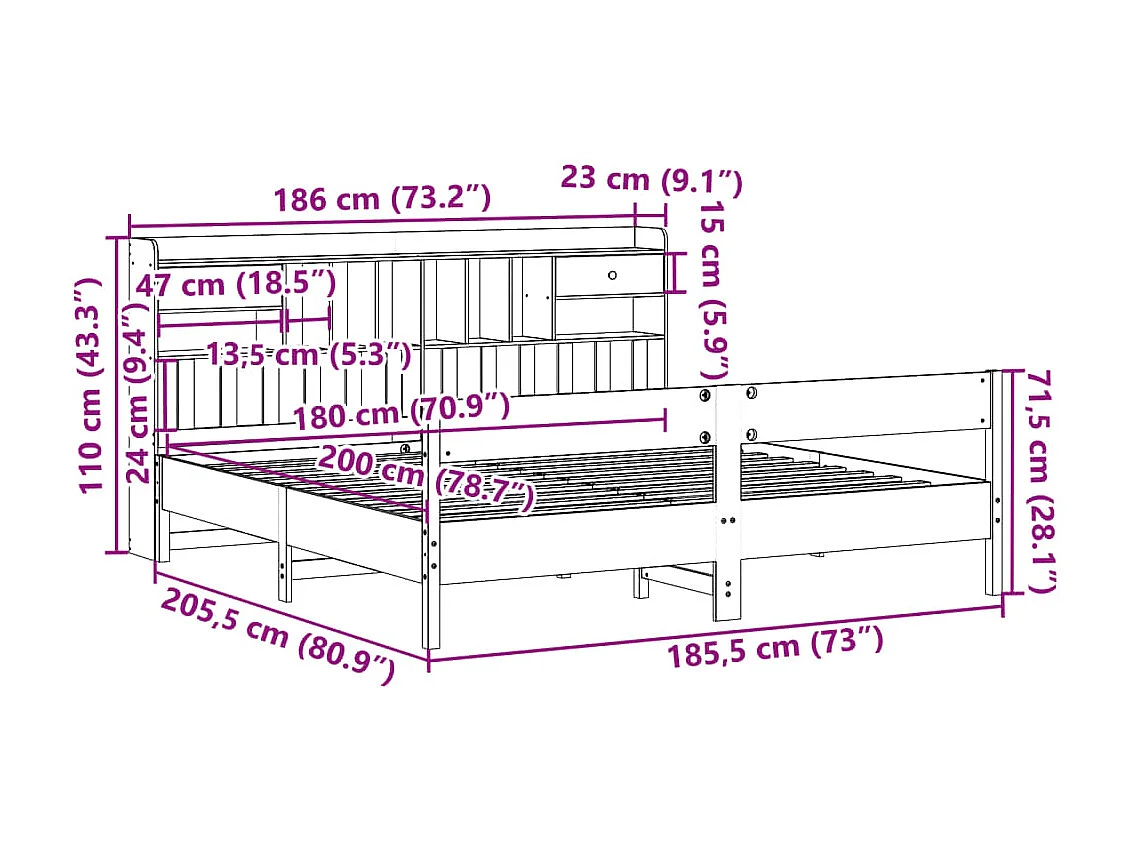 Cama biblioteca sin colchón 180x200 cm madera maciza de pino