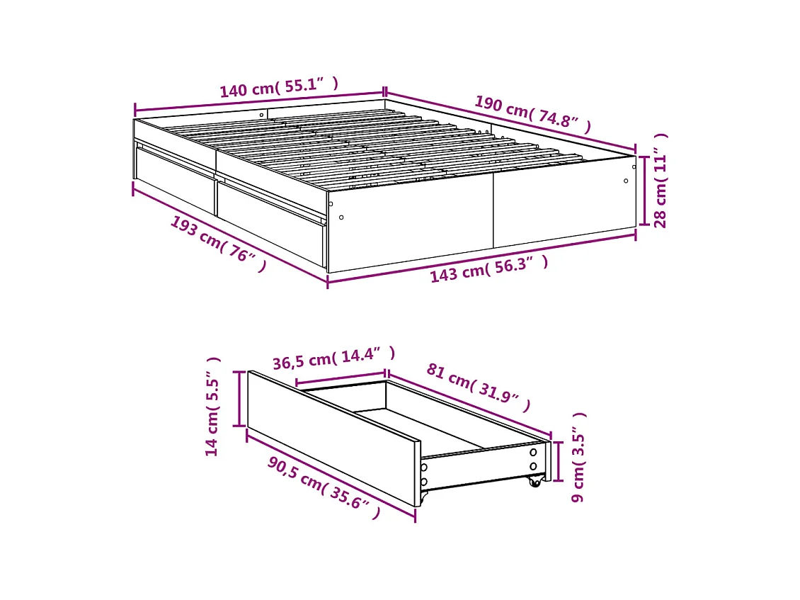 Bettgestell mit Schubladen ohne Matratze Sonoma Eiche 140x190 cm