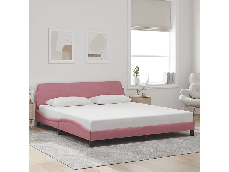 Estructura de cama y cabecero sin colchón terciopelo rosa 180x200cm