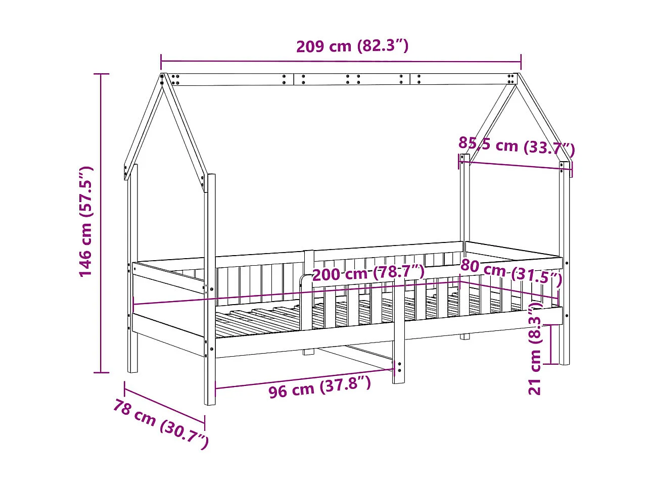 Kinderbettgestell Hausform ohne Matratze Kiefer
