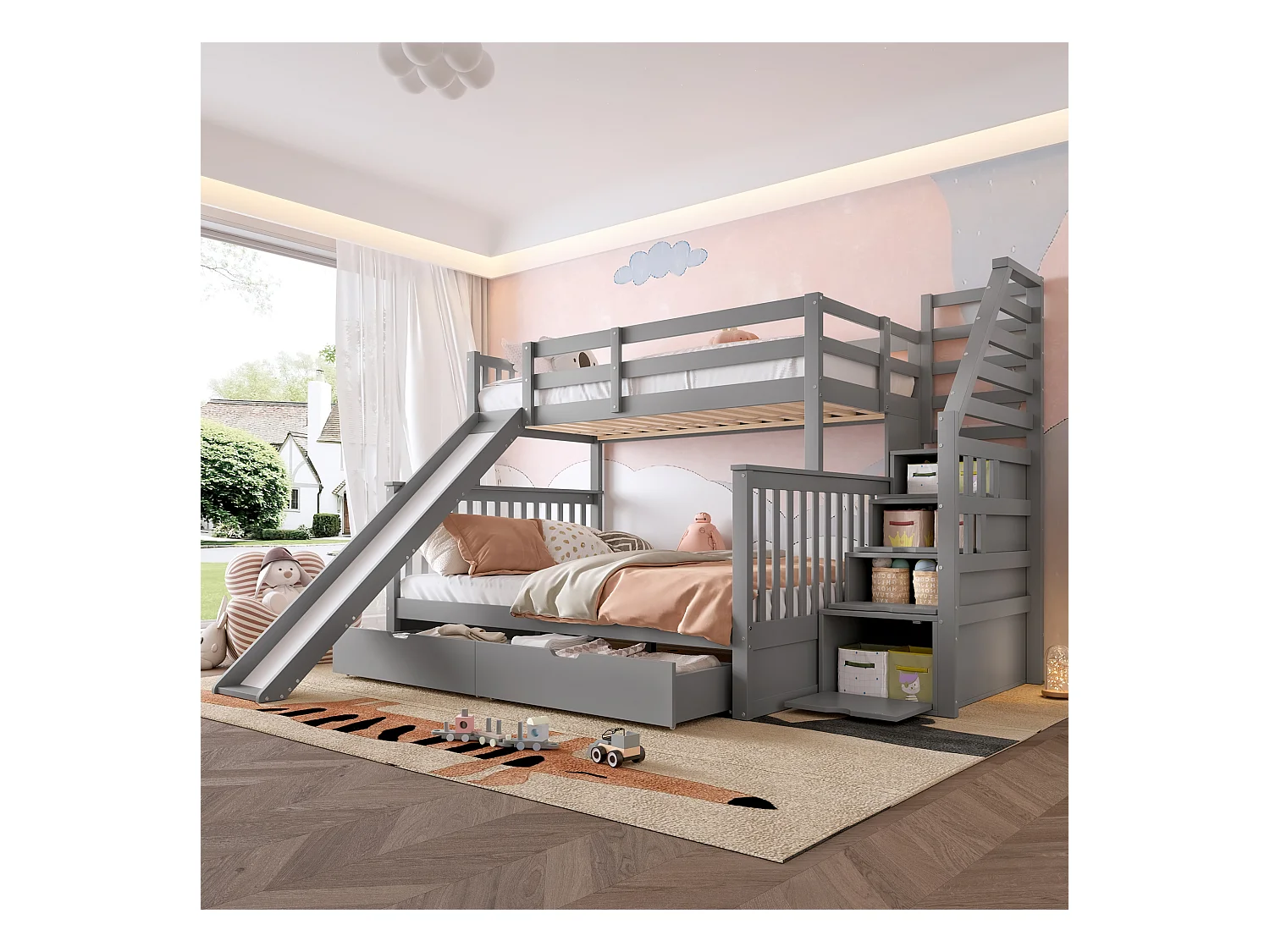 Stapelbed 90x200/140x200 cm, met lades, opbergruimte en glijbaan, grenen, grijs (254x238,5x163 cm)
