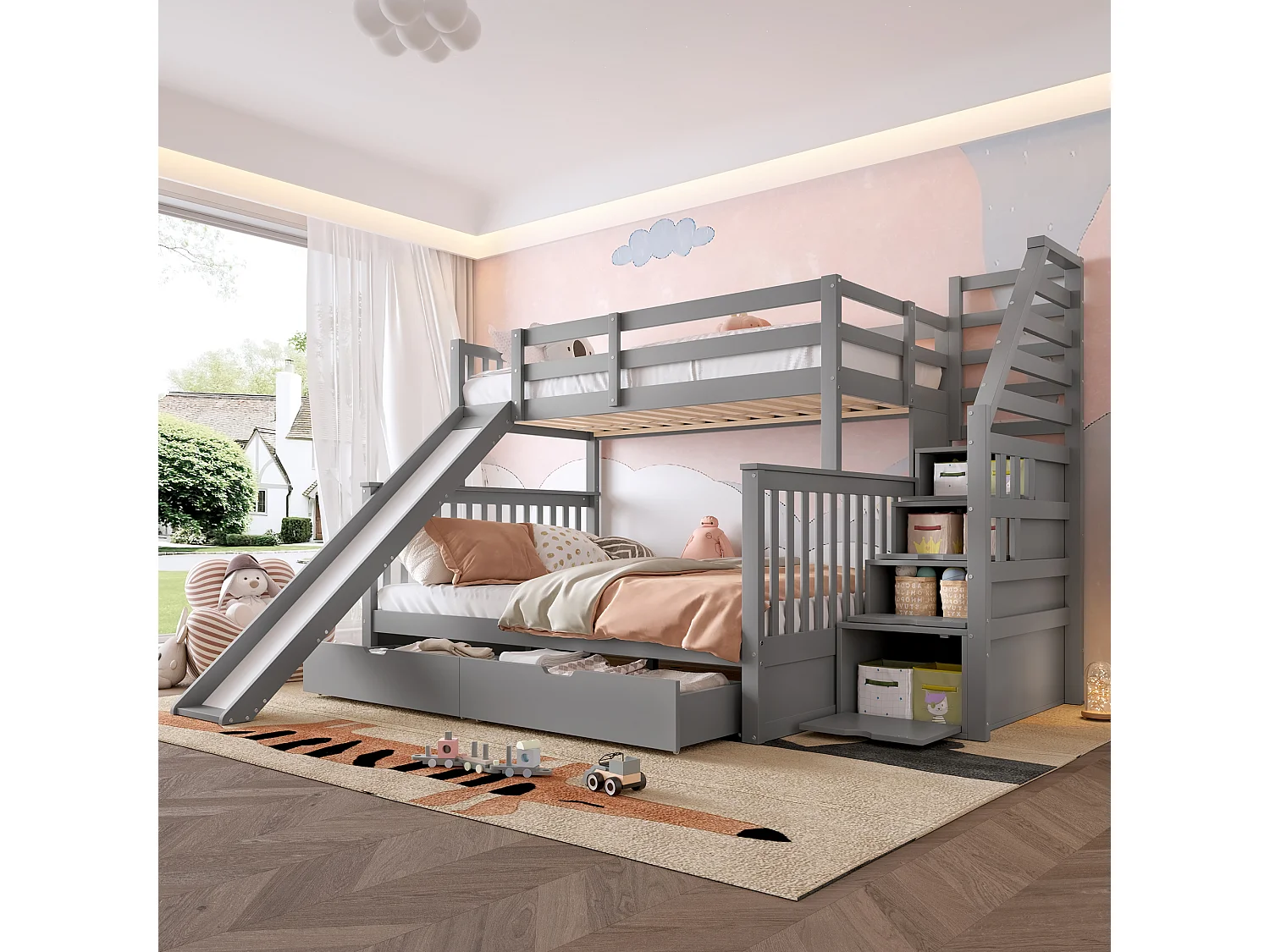 Lit superposé 90x200/140x200 cm, avec tiroirs, espace de rangement et toboggan, pin, gris (254x238.5x163 cm)