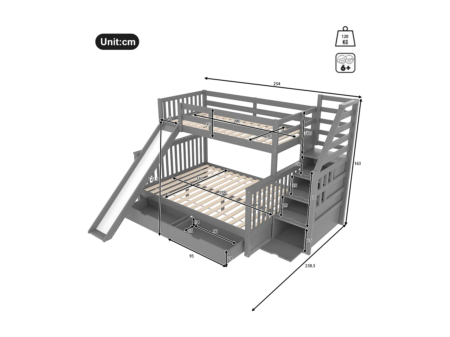 Lit superposé 90x200/140x200 cm, avec tiroirs, espace de rangement et toboggan, pin, gris (254x238.5x163 cm)