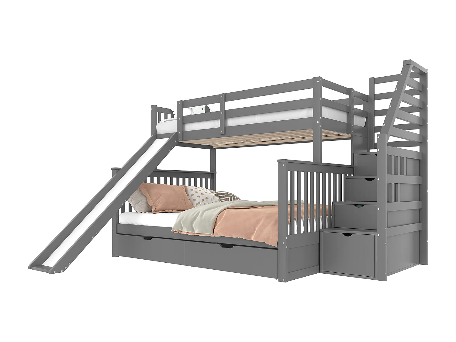 Lit superposé 90x200/140x200 cm, avec tiroirs, espace de rangement et toboggan, pin, gris (254x238.5x163 cm)