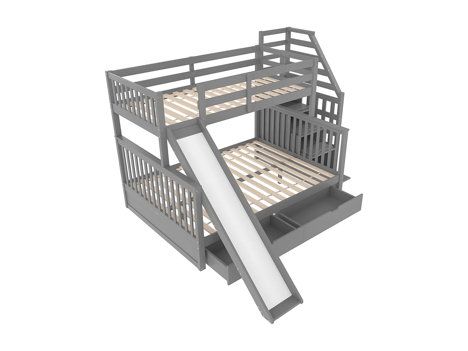 Lit superposé 90x200/140x200 cm, avec tiroirs, espace de rangement et toboggan, pin, gris (254x238.5x163 cm)