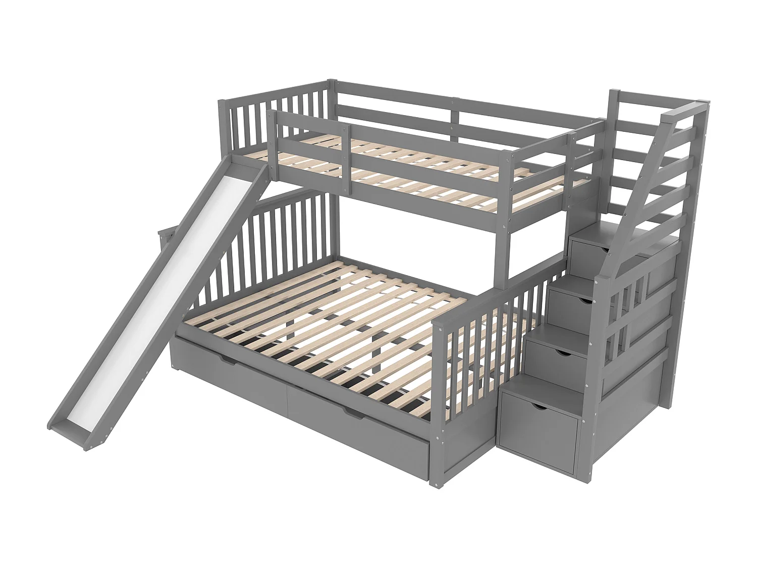 Lit superposé 90x200/140x200 cm, avec tiroirs, espace de rangement et toboggan, pin, gris (254x238.5x163 cm)