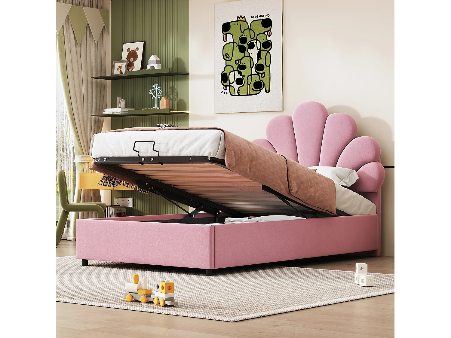 Lit enfant 90 x 200 cm, avec tête de lit fleurie, lattenrost, réglable et hydraulique, tissu velours rose (203x94x115 cm)