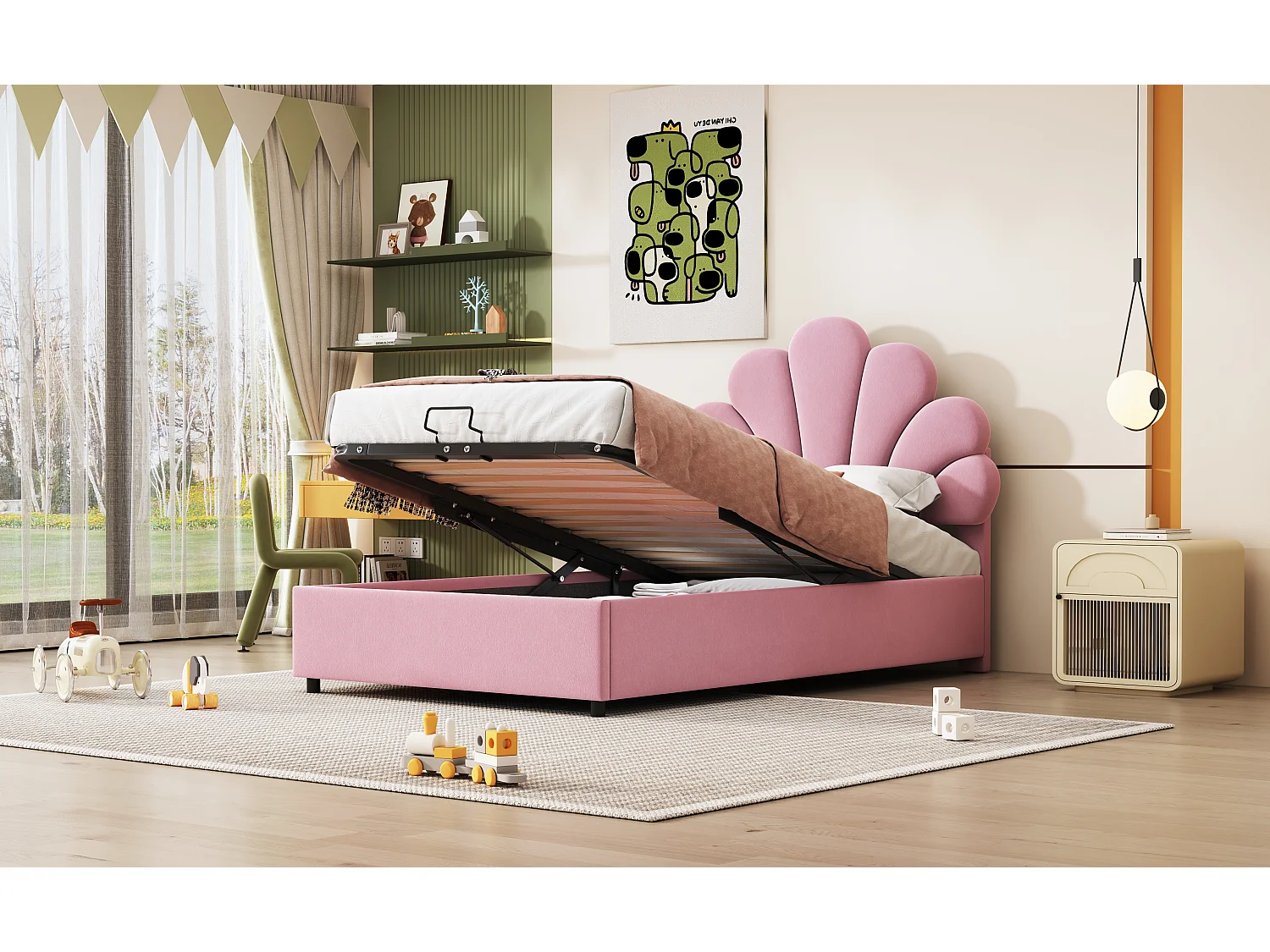 Lit enfant 90 x 200 cm, avec tête de lit fleurie, lattenrost, réglable et hydraulique, tissu velours rose (203x94x115 cm)