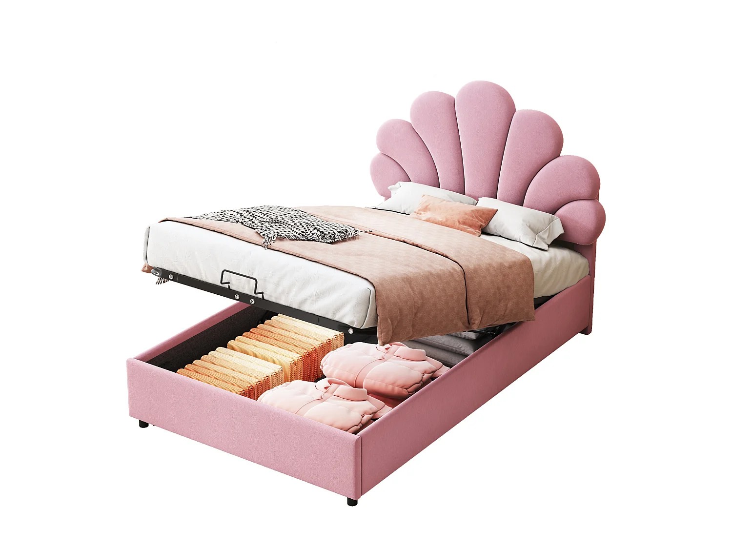 Lit enfant 90 x 200 cm, avec tête de lit fleurie, lattenrost, réglable et hydraulique, tissu velours rose (203x94x115 cm)