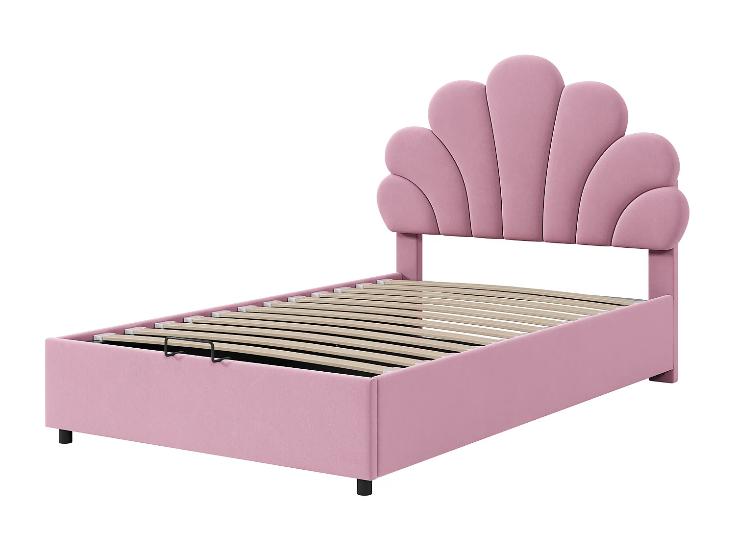 Lit enfant 90 x 200 cm, avec tête de lit fleurie, lattenrost, réglable et hydraulique, tissu velours rose (203x94x115 cm)