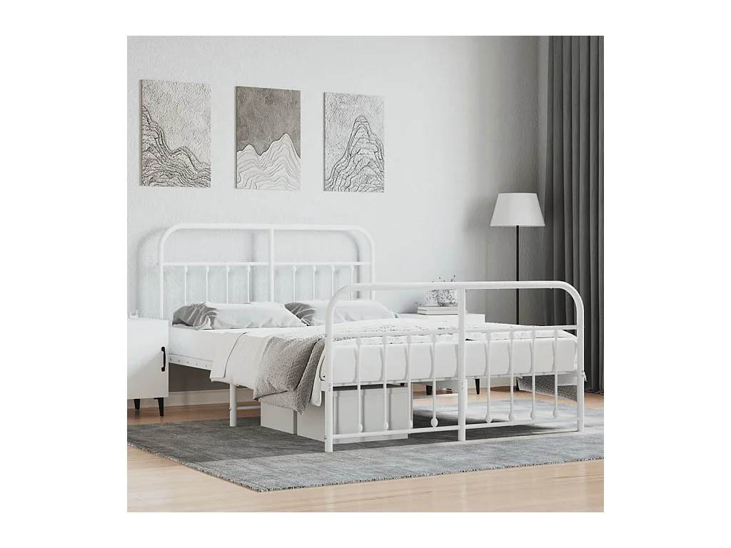 Cadre de lit métal sans matelas et pied de lit blanc 140x200 cm