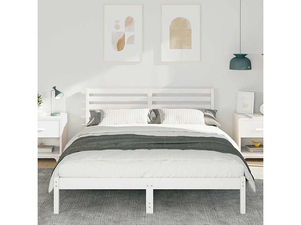 Estructura de cama blanca de 200 x 200 cm de madera maciza de pino