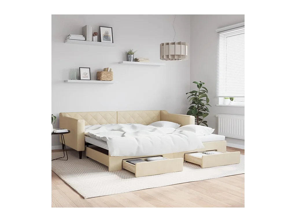 Lit de jour avec gigogne et tiroirs crème 100x200 cm tissu