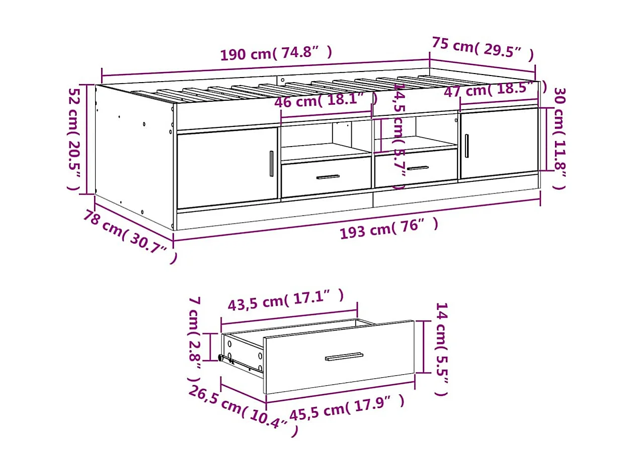 Divano letto con cassetti senza materasso grigio cemento 75x190 cm