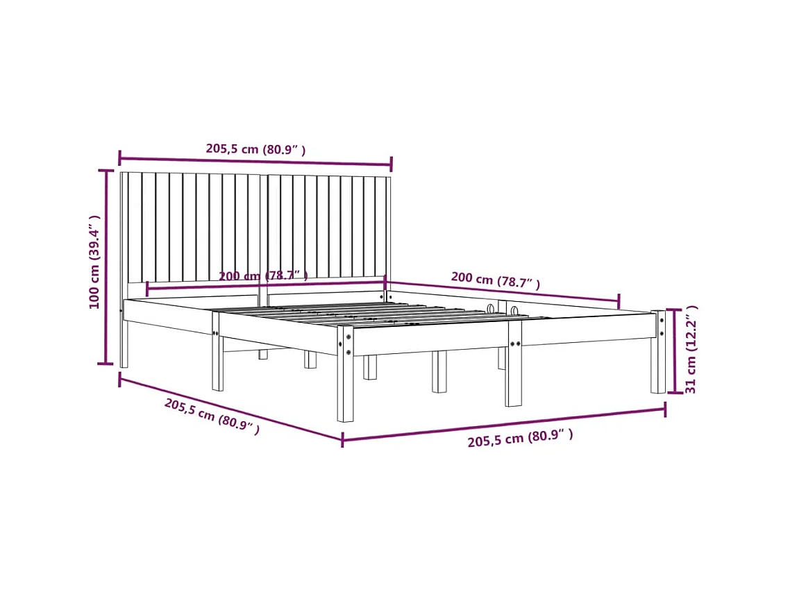 Struttura letto senza materasso 200x200 cm in legno massello di pino