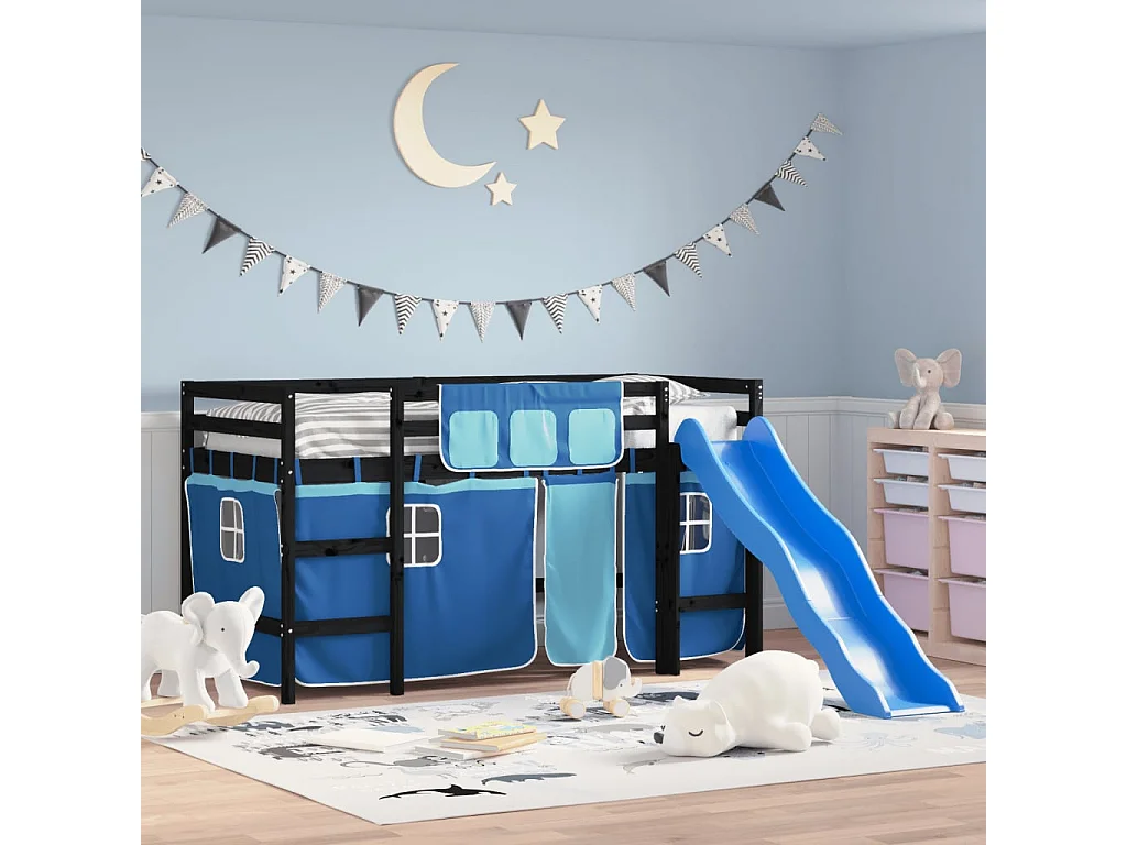 Lit mezzanine enfants avec rideaux sans matelas bleu 80x200cm