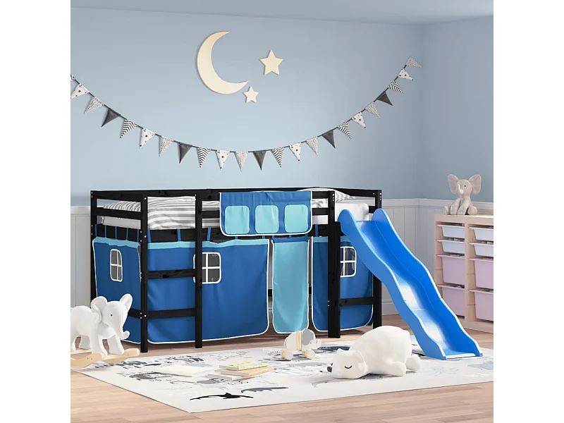Letto a soppalco per bambini con tende senza materasso blu 80x200cm