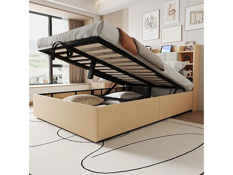 Bed met hydraulische opbergruimte 140 x 200 cm, hoofdeinde met opbergruimte, USB- en Tape-C-aansluiting, MDF, natuurlijk hout (221x144,5x99,5 cm)