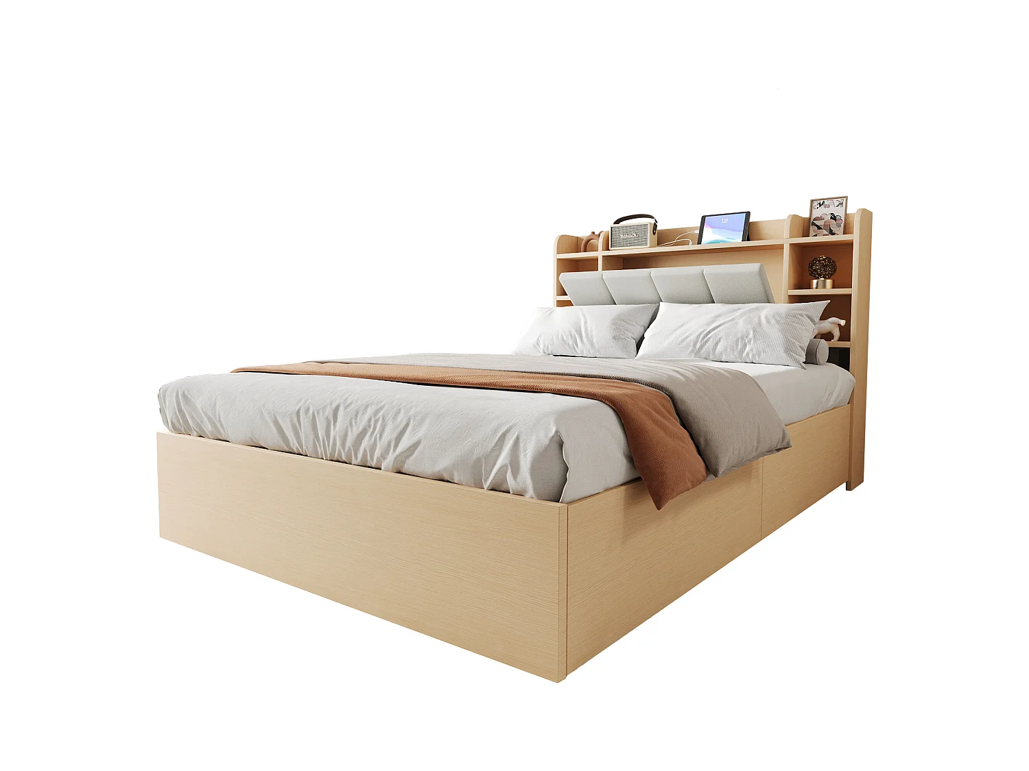 Bed met hydraulische opbergruimte 140 x 200 cm, hoofdeinde met opbergruimte, USB- en Tape-C-aansluiting, MDF, natuurlijk hout (221x144,5x99,5 cm)