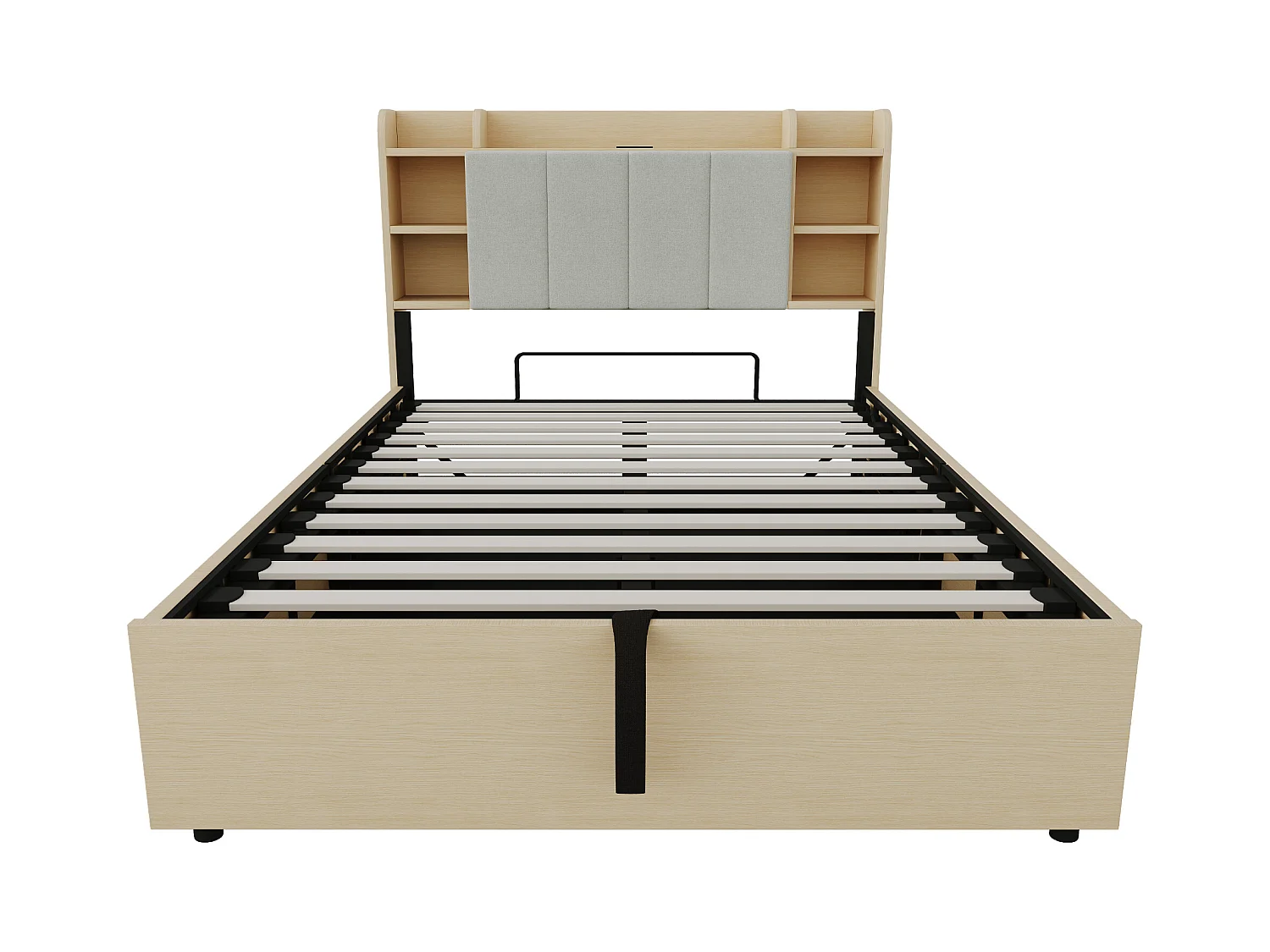 Bed met hydraulische opbergruimte 140 x 200 cm, hoofdeinde met opbergruimte, USB- en Tape-C-aansluiting, MDF, natuurlijk hout (221x144,5x99,5 cm)