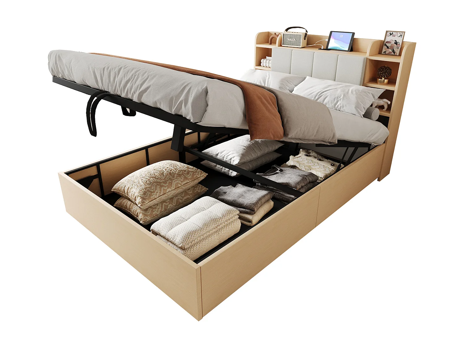 Lit avec rangement hydraulique 140 x 200 cm, tête de lit avec stockage, prise USB et Tape-C, MDF, bois naturel (221x144.5x99.5 cm)