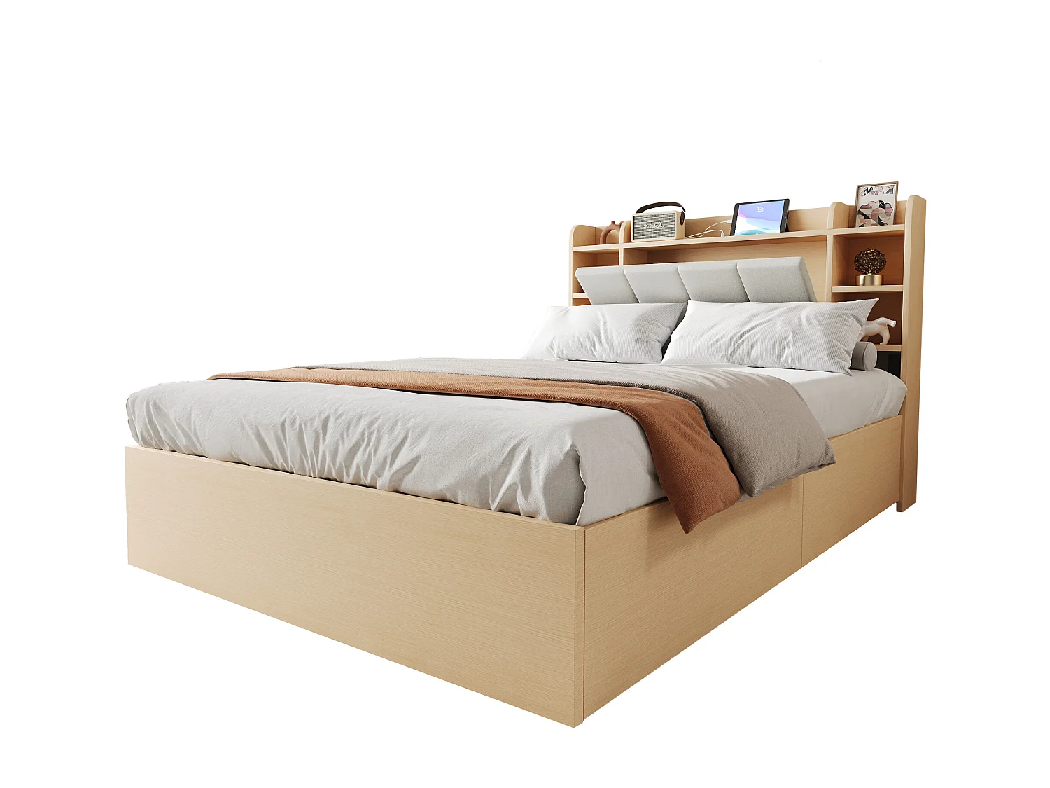 Lit avec rangement hydraulique 140 x 200 cm, tête de lit avec stockage, prise USB et Tape-C, MDF, bois naturel (221x144.5x99.5 cm)