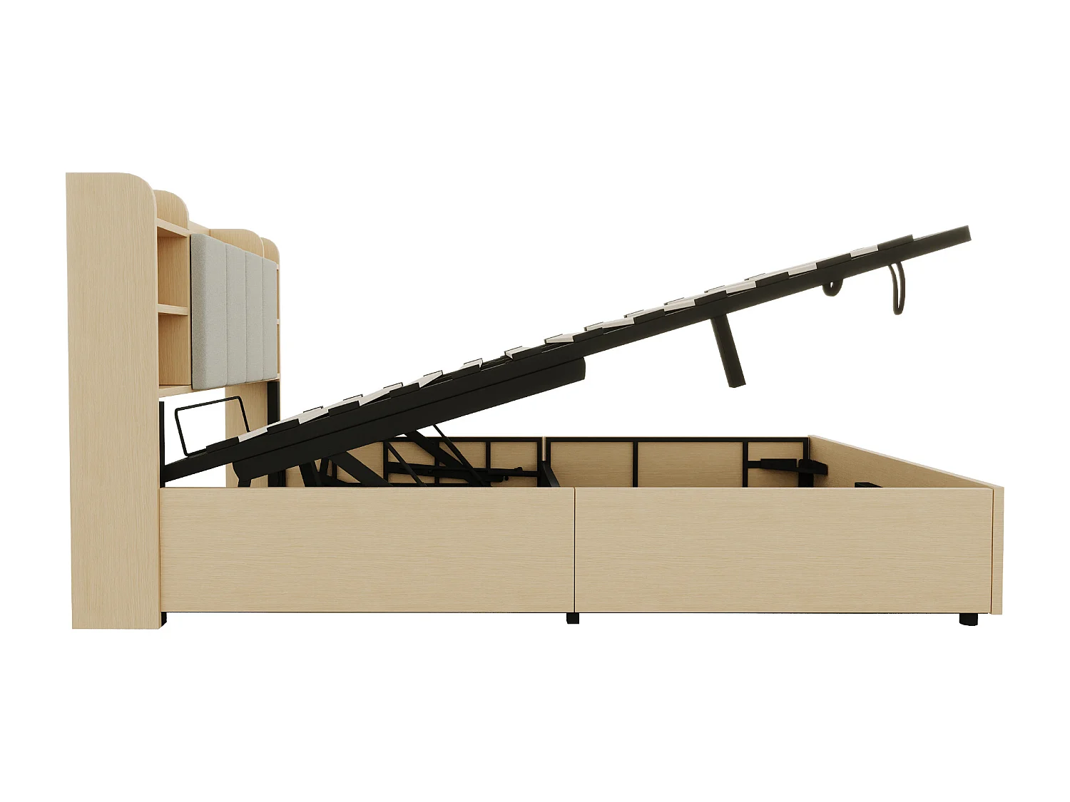 Lit avec rangement hydraulique 140 x 200 cm, tête de lit avec stockage, prise USB et Tape-C, MDF, bois naturel (221x144.5x99.5 cm)