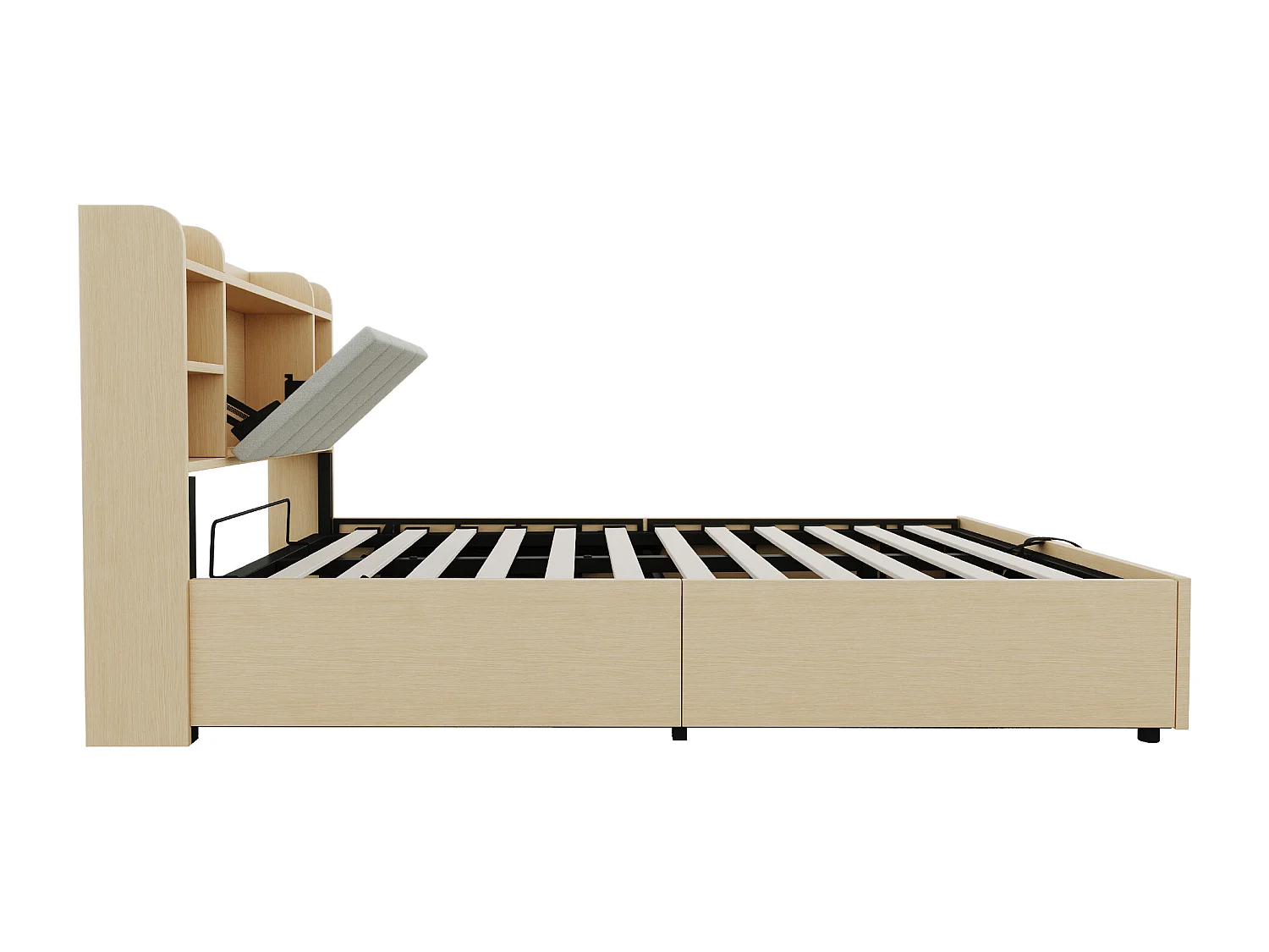 Lit avec rangement hydraulique 140 x 200 cm, tête de lit avec stockage, prise USB et Tape-C, MDF, bois naturel (221x144.5x99.5 cm)